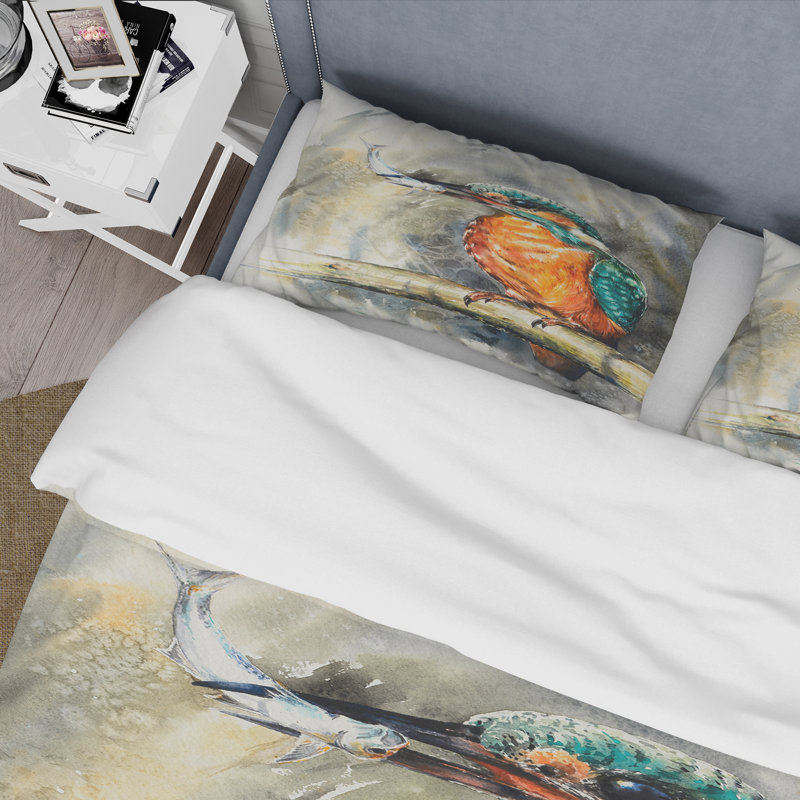 Martin-pêcheur d'Amérique mangeant un petit poisson - Ensemble de housse de couette traditionnel - Microfibre de polyester