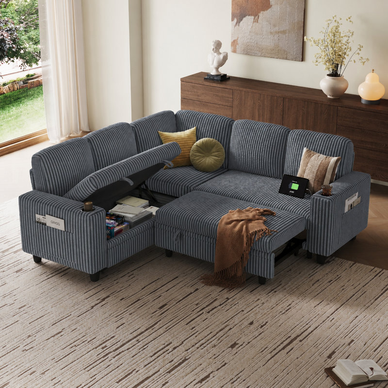 Sherry 81'' Upholstered Modular Sectionals with Pull-out Sofa, Storage Chaise, USB Charging & Cup Holders, Milo Gray, 5-piece