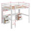 Lit mezzanine double avec bureau et tiroirs, structure de lit mezzanine en bois massif avec armoires, station de charge et plateau de chevet-214895196