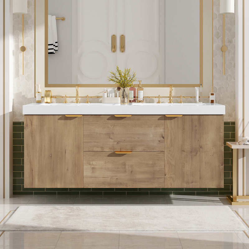 Meuble-lavabo moderne à double cuve avec plateau en SMC et rangement à fermeture en douceur, Doré