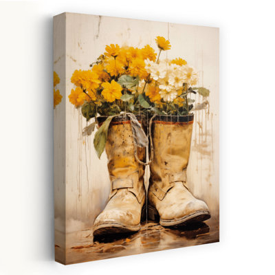 Flower Pickin' - Modern Farmhouse  Vintage Yellow Flowers In Boots Rustic Decor Vintage Shoes Art