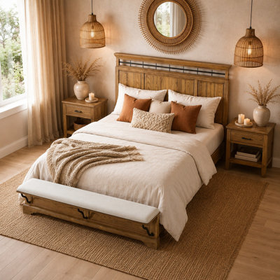 Wood Bed with Built-In Upholstered Footboard Bench