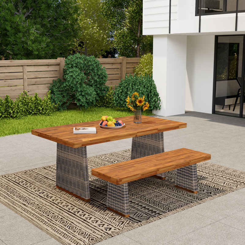 Outdoor Acacia Wood Dining Table Set With 1 Table And 1 Bench,Grey, 2 Pieces: Table, Bench, Teak/Gray