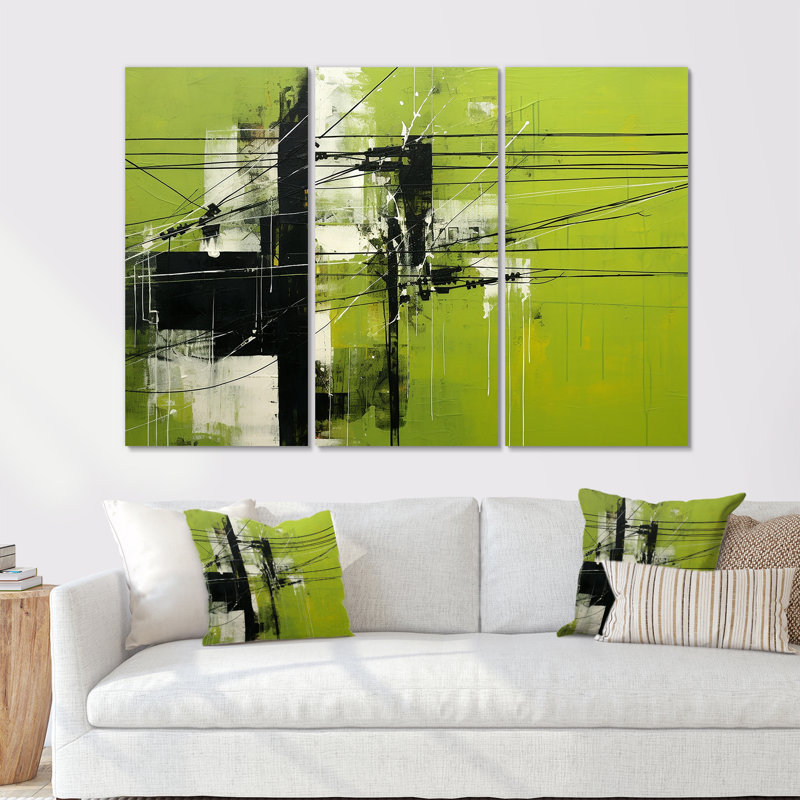 Minimalist Olive Power Power Lines - Ensemble d'art mural lignes électriques, H 28 po x l 36 po x P 1 po, Toile tendue