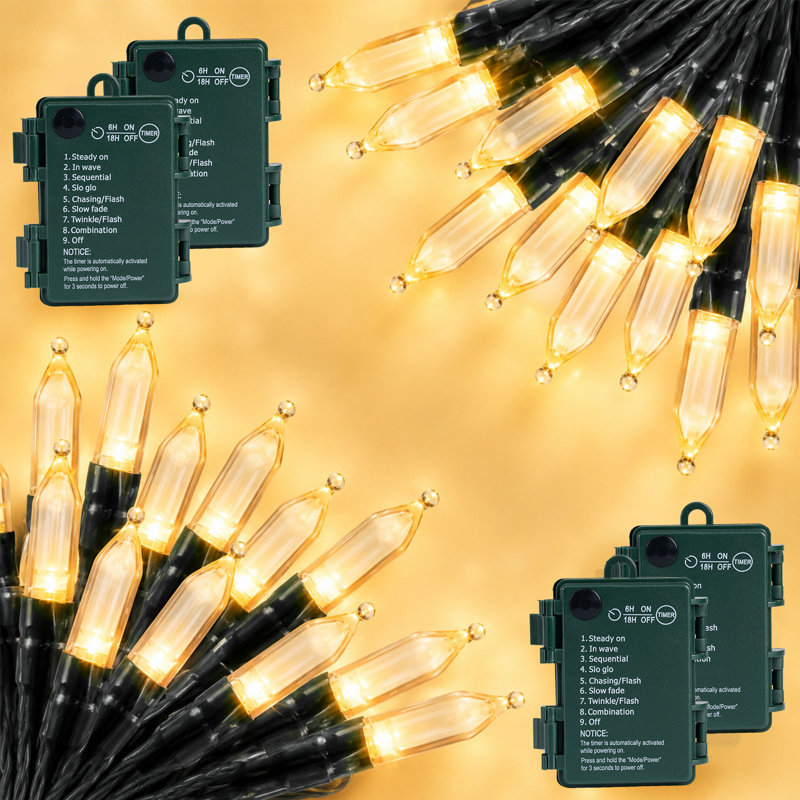 Ensemble de 4 guirlandes lumineuses de Noël d'extérieur, 5,5 m (18 pi), 50 mini-DEL blanc chaud à piles, avec minuterie et 8 modes d'éclairage