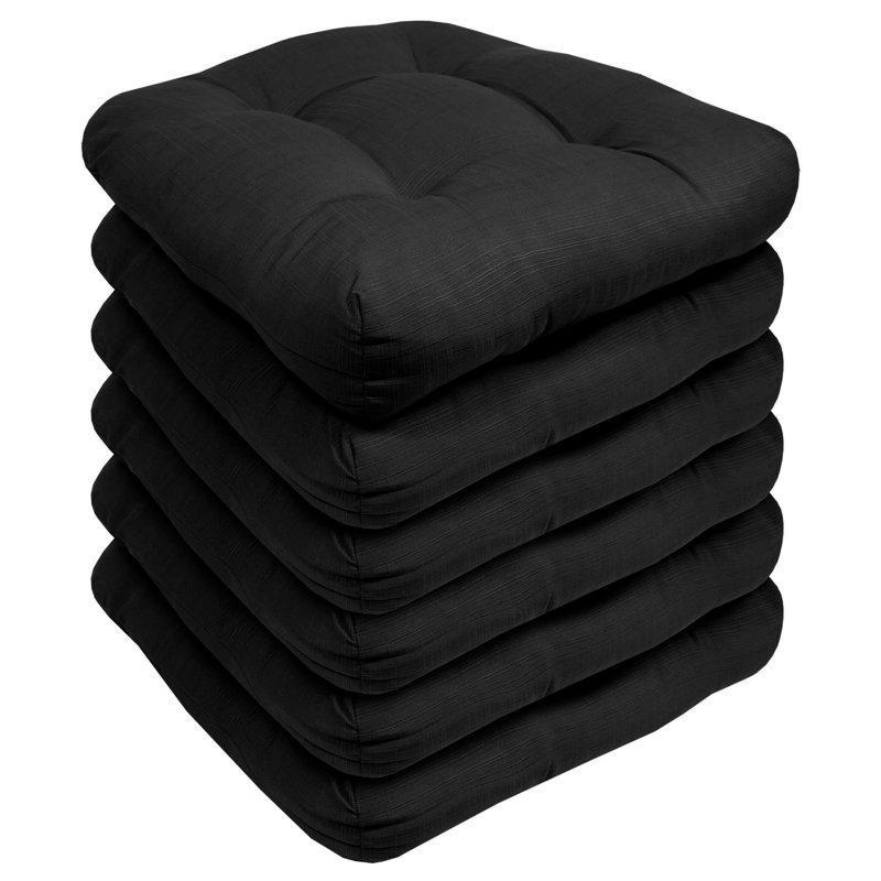 Marina Decoration Premium Thick Comfy Patio Seat Pads Fiber Fill Tufted Tie-Less Pillows 19 x 19 x 5 Inch Textured Solid Cover Indoor Outdoor Chair Cushions, 6 Count Pack Black Color