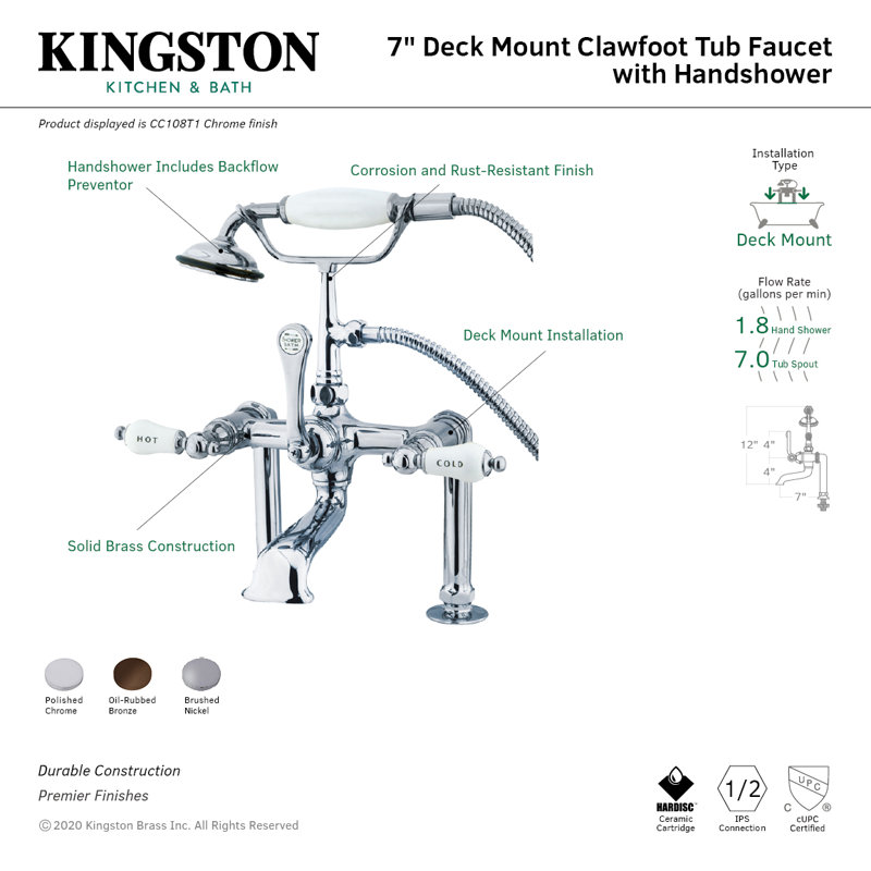 Robinet de baignoire sur pattes à 3 poignées et 2 poignées à fixation sur le comptoir avec douche à main Kingston