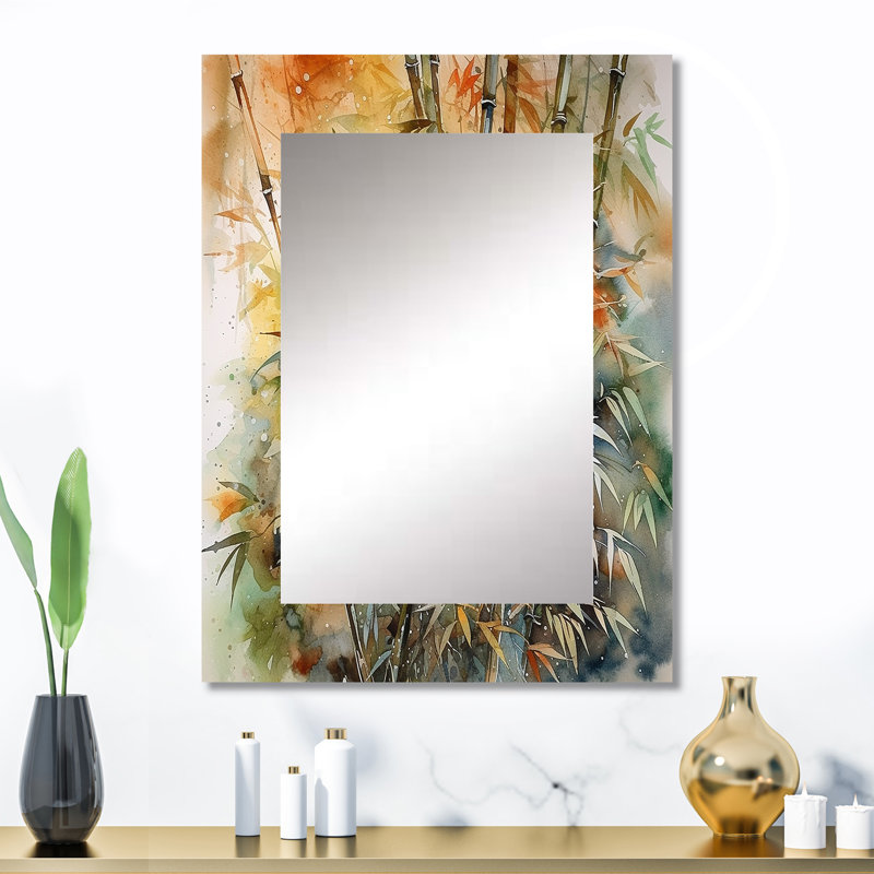 Green Floral Bamboo Bliss I - Floral Wall Mirror, Traditional Decorative Mirror, Printed Metal Art, 32" x 24"