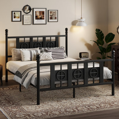 Twin Size Metal Bed Frame with Vintage Circular Headboard and Footboard,  Under Bed Storage, No Box Spring Required, Brown