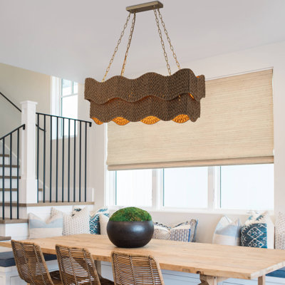 6-Light Rattan Kitchen Island Chandelier Boho Woven Linear Lighting