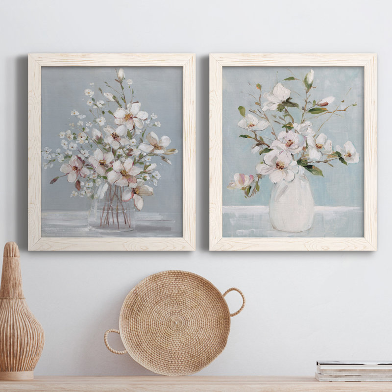 Magnolia Romance - Ensemble de 2 peintures sur toile encadrées, Cadre blanc, H 24 po x l 36 po x P 1,5 po