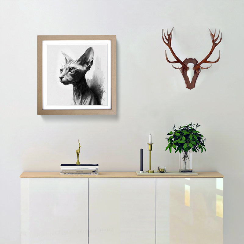 Sphynx Cat Ink Wash - Framed Print, Oak