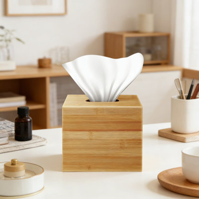 Bamboo Tissue Box Cover - Water-Resistant Wooden Tissue Holder For Bathroom, Office Desk & Nightstand - Compact 6.3 X 5.51 X 5.51 Inch Design With Stable Base