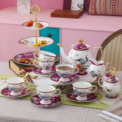 21-Piece Bone China Tea Set for 6 - 45% Bone Meal, 24K Gold Edging, Heat-Retaining Vintage Tea Party Gift