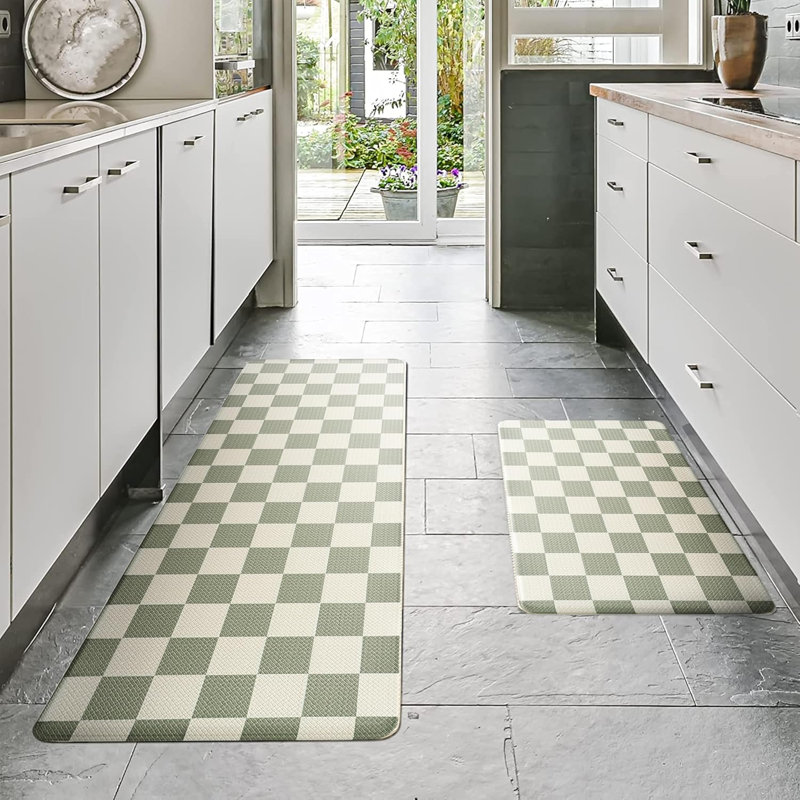 Ensemble de tapis de cuisine à carreaux, 2 pièces, beige et sauge