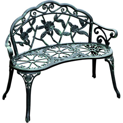 Banc d'extérieur en aluminium moulé, orné de motifs floraux et doté de lattes respirantes pour un confort optimal. Style antique et décoratif, idéal pour deux terrasses.