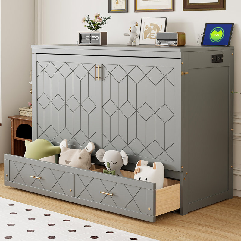 Lit escamotable mural Murphy avec tiroir et ports USB, conception compacte et peu encombrante, Gris
