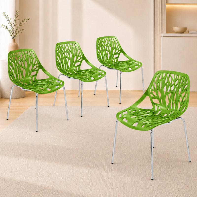 Hadda Stackable Dining Chair with Floral Cutout Back and Stainless Steel Legs – Modern Metal Side Chair for Kitchen, Dining Room, or Restaurant
