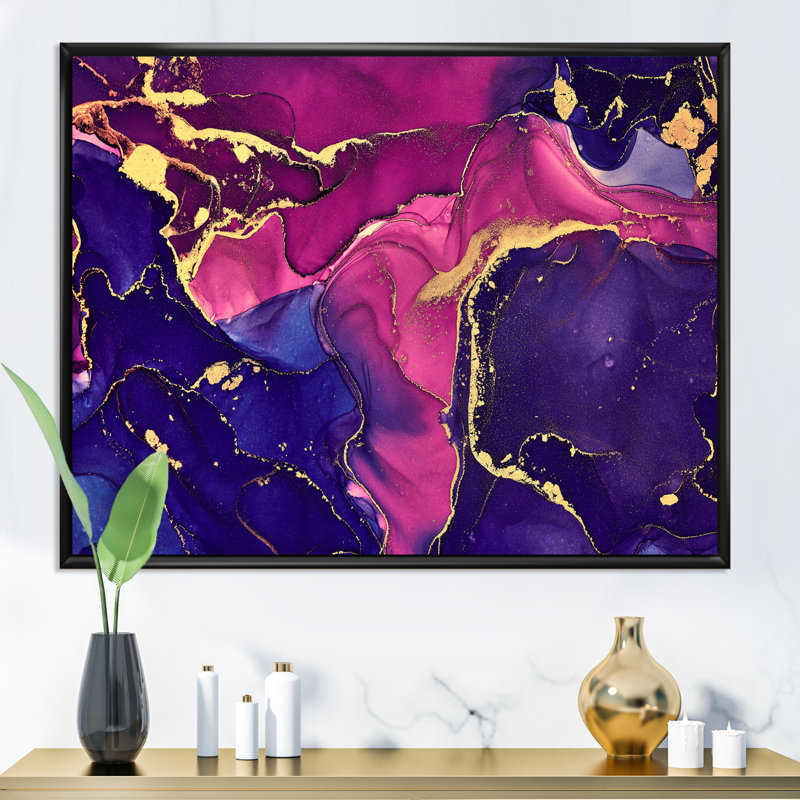 Mauve et bleu, art abstrait fluide de luxe IV, reproduction sur toile, Cadre flottant noir, H 30 po x l 40 po