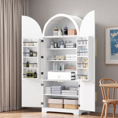 Tall Arched Kitchen Pantry With 8 Door Shelves, 3 Adjustable Shelves And Hidden Drawer