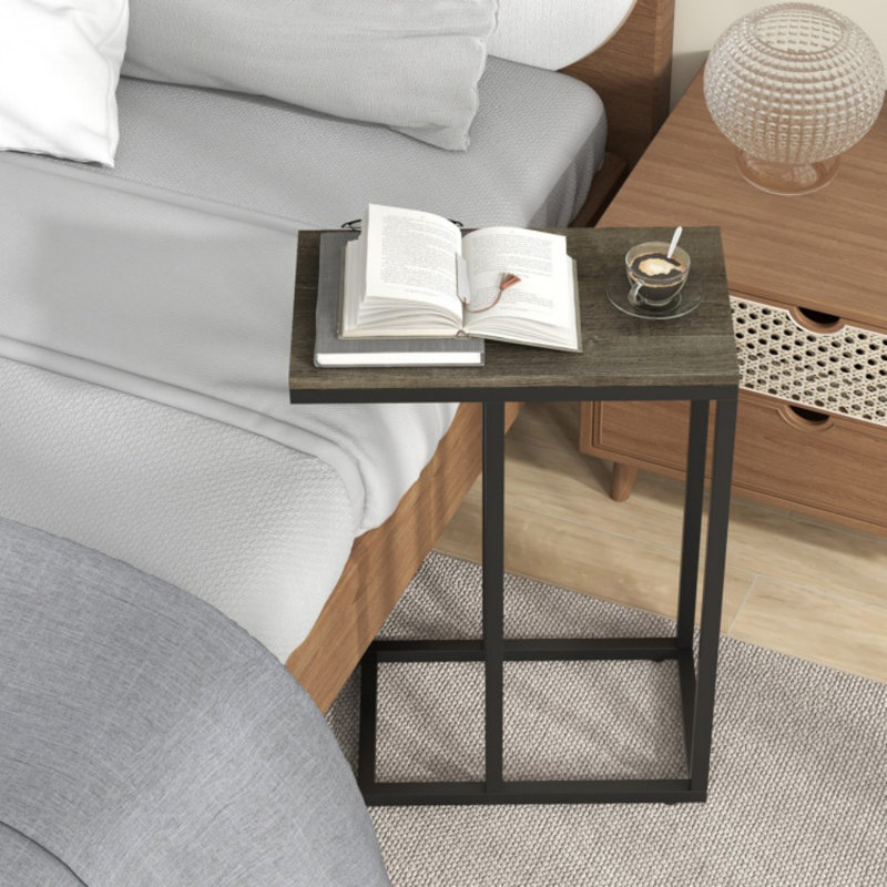 C-shaped Side Table with Heavy-duty Metal Frame, Oak