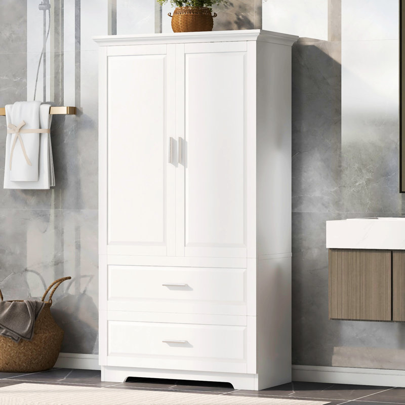 63" Tall Bathroom Storage Cabinet with 32" Wide Frame - Double Door Cabinet and 2 Large Drawers - Waterproof MDF Linen Cabinet with Adjustable Shelves - White