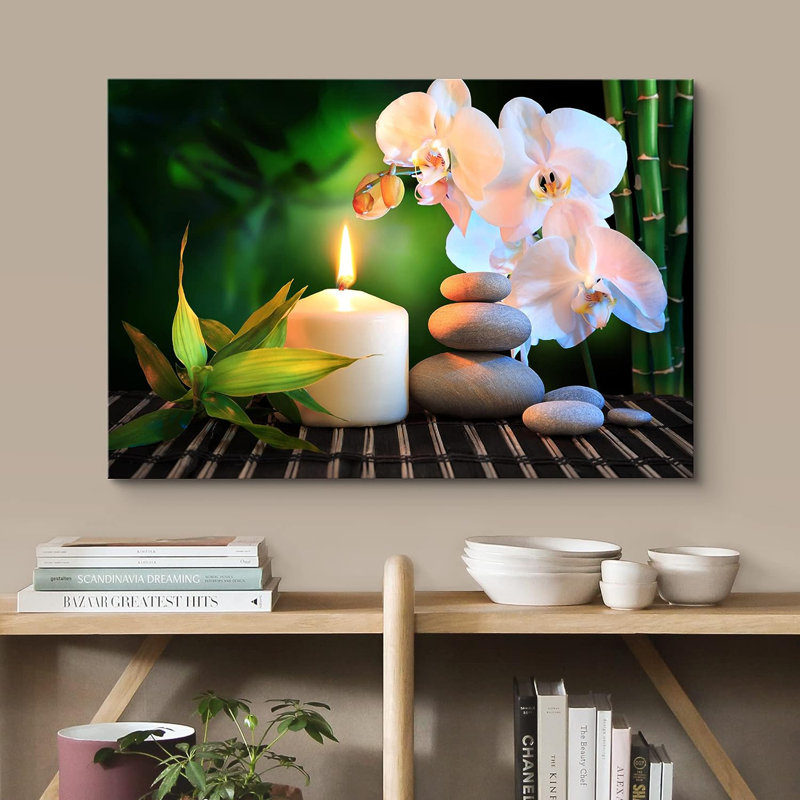 Relaxing Zen Candle White Orchid Massage Stone Bamboo Forest Nature Yoga On Canvas Print, 16" H x 24" W x 1.5" D