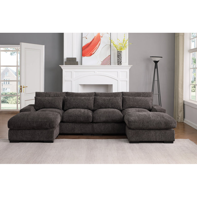 Canapé modulaire à méridienne rembourré Mauralia, Chenille brun gris 