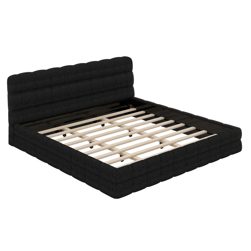 Très grand lit plateforme tapissier, lit plateforme en tissu molletonné avec tête de lit moelleuse, Noir