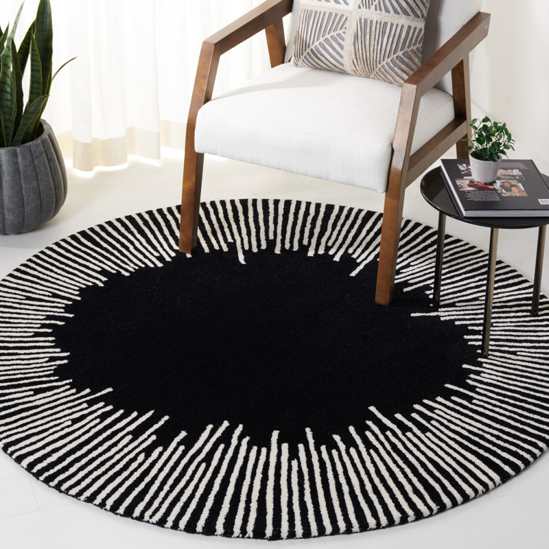 Tapis noir / ivoire en laine / coton touffeté à la main Jarie, Rond 3 pi