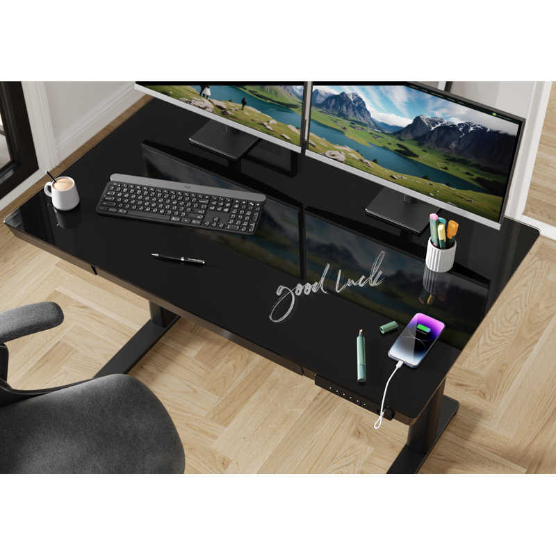 Seila Glass Top Height Adjustable Standing Desk, Computer Desk with Drawer, USB Port and Type-C Port, Black