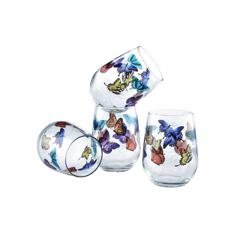 Culver 15 oz. Stemless Wine Glass Set with Butterfly Design