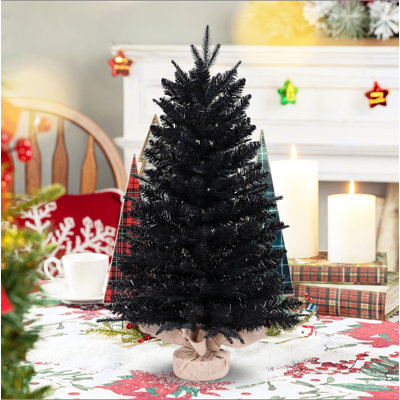 Sapin de Noël artificiel noir en PE/PVC de 90 cm, 350 branches, diamètre maximal de 53 cm, base en toile de jute cimentée, décoration de table à double usage pour l'Halloween et Noël.