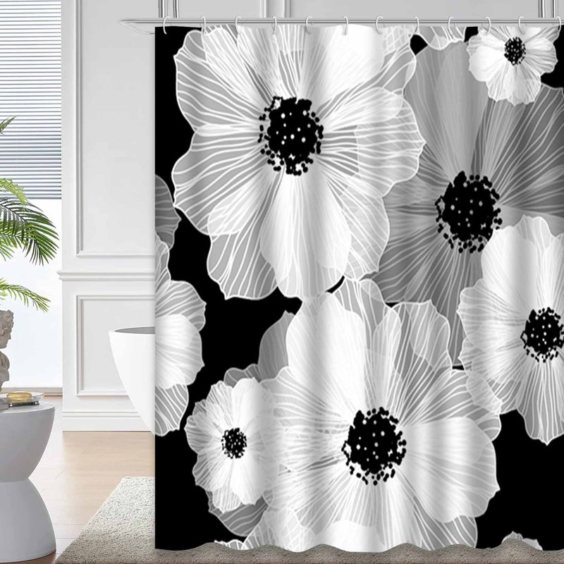 Rideau de douche noir et blanc à motif floral abstrait avec 12 crochets, L 72 po x l 84 po