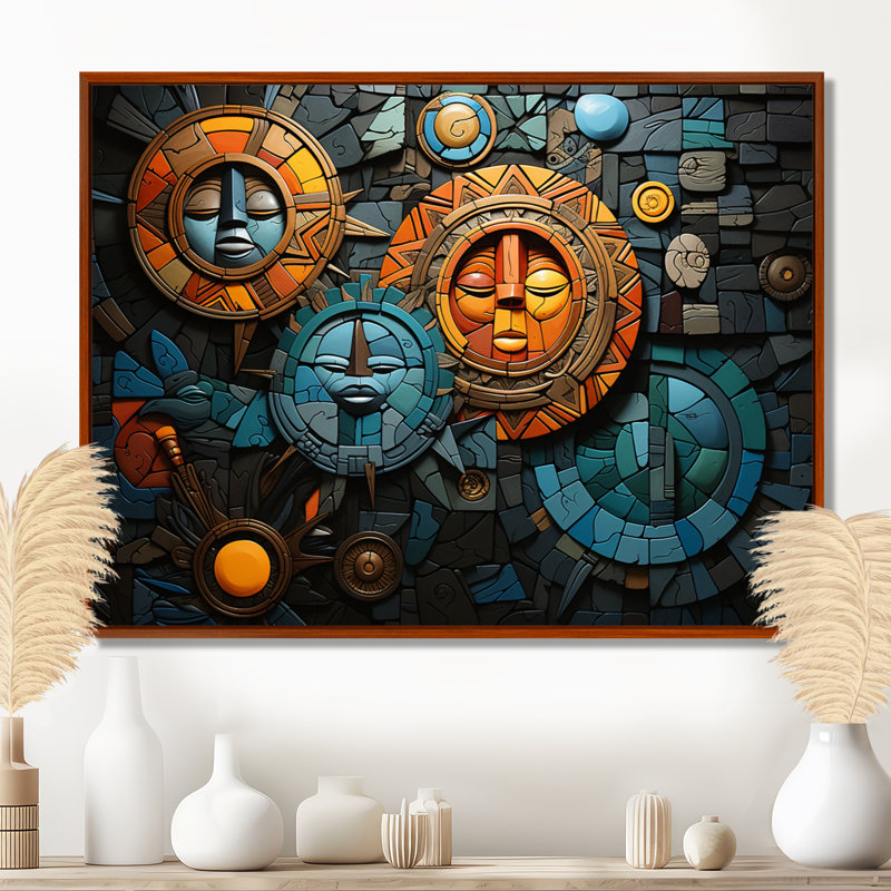Mosaïque de culture africaine sur toile, H 34 po x l 44 po x P 1,5 po, Cadre flottant brun