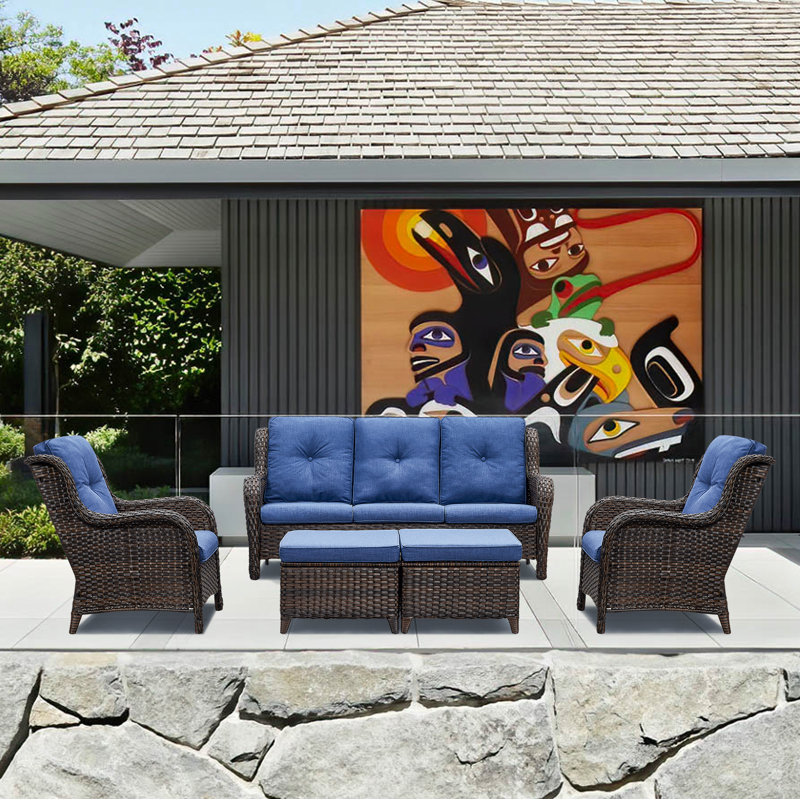 Bonia Wicker 5 - Person Patio Conversation Set with Cushions, Blue