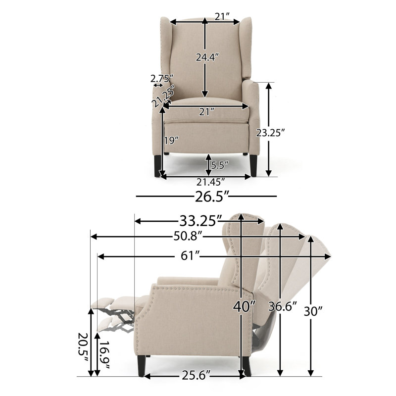 Fauteuil inclinable manuel Nora, à oreilles, garniture cloutée, beige, Beige