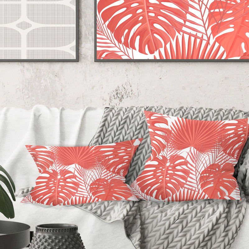 Coussin Tropical Tropical Foliage Coral I - Mid-Century, 18 po x 18 po