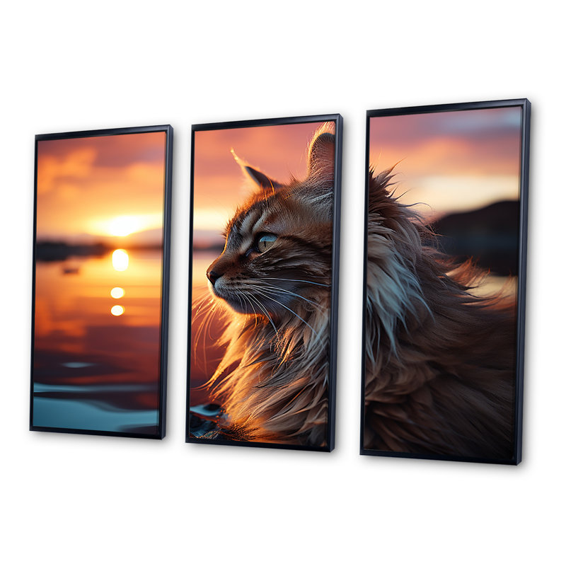 «Solitude Cat In Sunset», ensemble d'art mural sur toile, H 40 po x l 60 po, Cadre flottant noir
