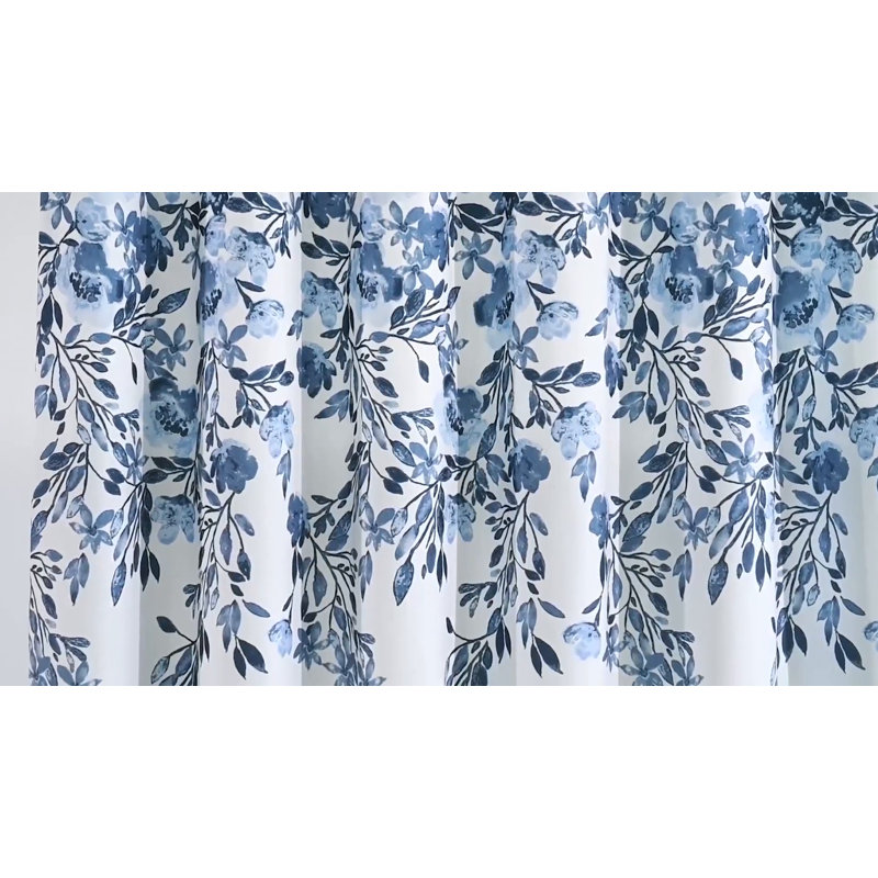 Navy and White Floral Polyester Shower Curtain