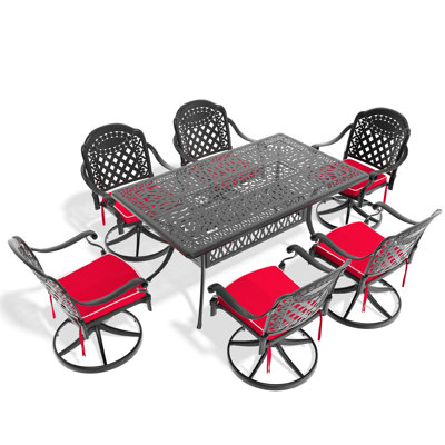 7 Cast Aluminum Dining For Garden Use - 6 Swivel Chairs & Rectangular Table In Black, Fine Carving Details, Corrosion Proof, Comfortable Seating Arrangement, 360 Rotating Seat, Sun- Cushions,