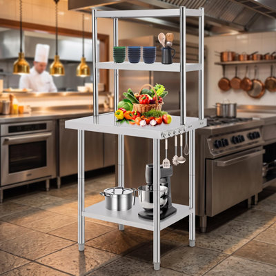Table de travail réglable en acier inoxydable – Poste de préparation robuste 76 x 61 cm – Étagères de plus de 2 niveaux, crochet latéral – Table de service professionnelle pour restaurant, cuisine, garage