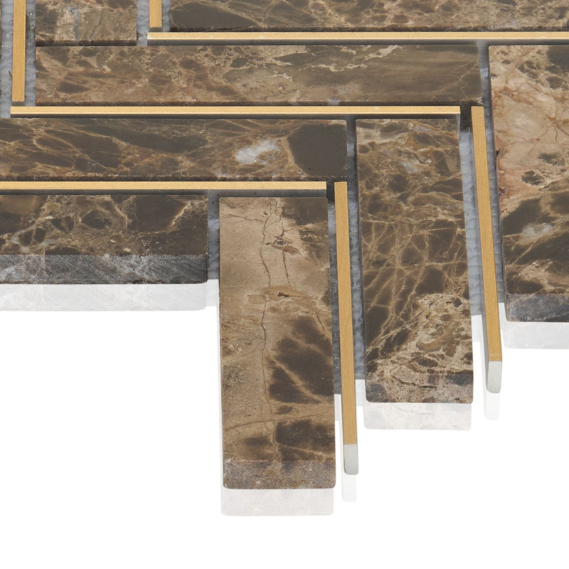 Gold Trim Inlay Herringbone Natural Stone Mosaic Tile, Brown