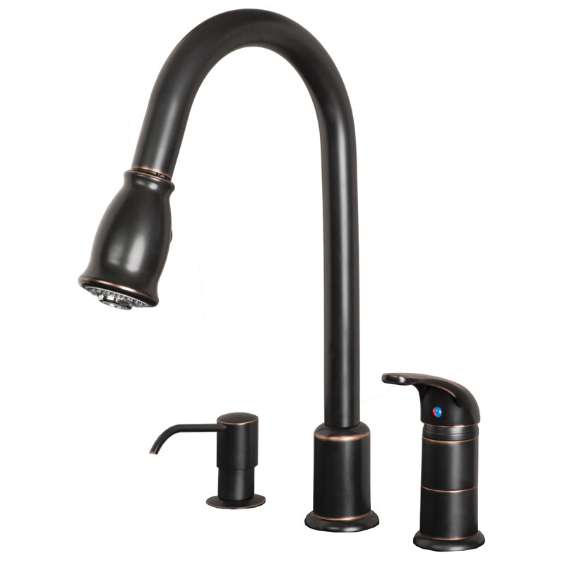 Robinet de cuisine rétractable à poignée simple avec distributeur de savon, Bronze huilé