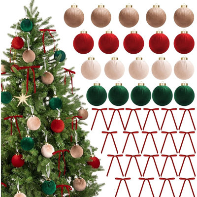 40pcs Velvet Christmas Ornaments Set – 3.15" 20 Flocked Balls & 20 Velvet Bows, Shatterproof Red & Green Hanging Decorations For Xmas Tree & Home Décor