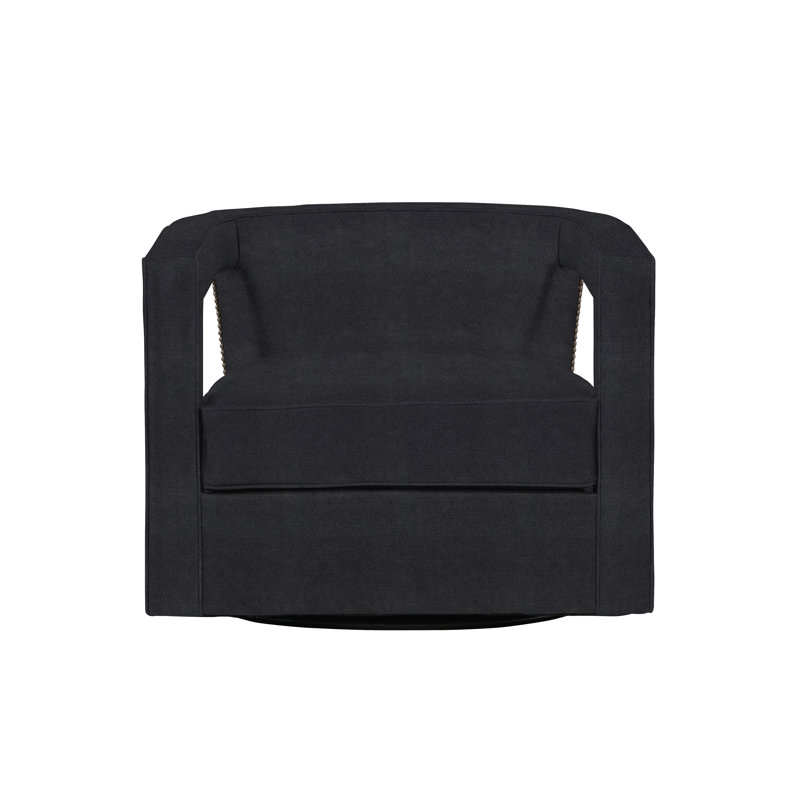 Alana 32.5'' Wide Swivel Barrel Chair, Akiko Graphite Performance 5534-011, Antique Brass