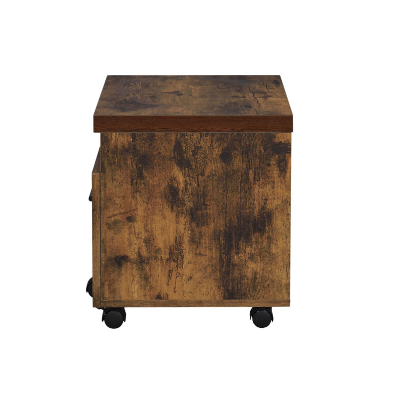 Classeur en chêne vieilli et noir - assemblé, rectangulaire, plateau en bois, pieds et compartiment en métal avec pieds de rangement verrouillables