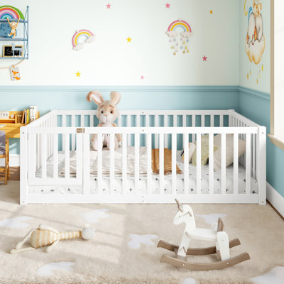 Twin Size Bed Floor Bed With Safety Guardrails And Door For Kids, White