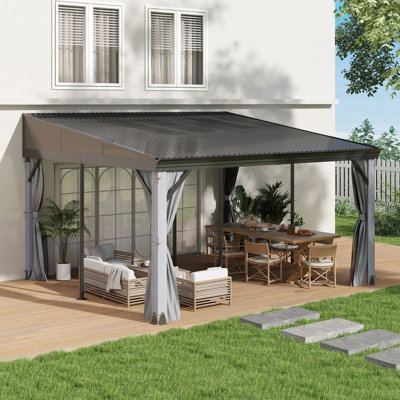 Pavillon de jardin mural en acier galvanisé à toit rigide de 14 pi x P 12 pi avec pavillon en bois robuste avec filet et rideaux