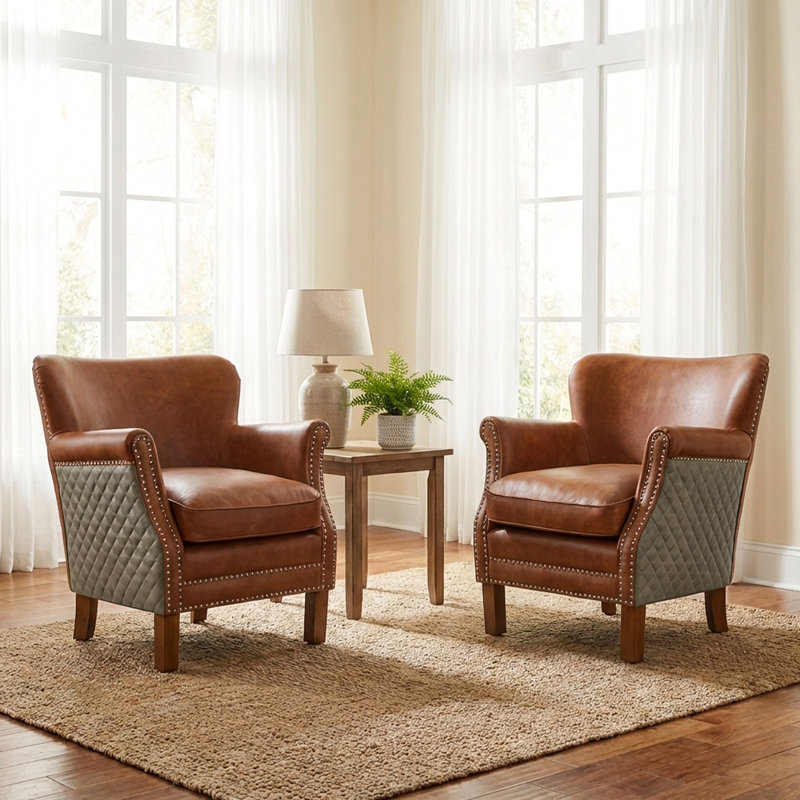 Petit fauteuil rembourré en cuir véritable de 26 po de largeur (ensemble de 2), Brun